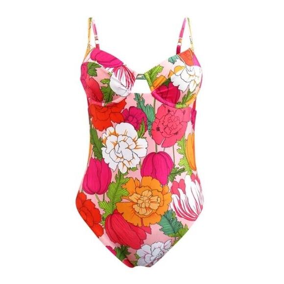 Trina Turk Sunny Bloom Floral Underwire One Piece Tie Back Swimsuit Size 14 - Picture 2 of 14